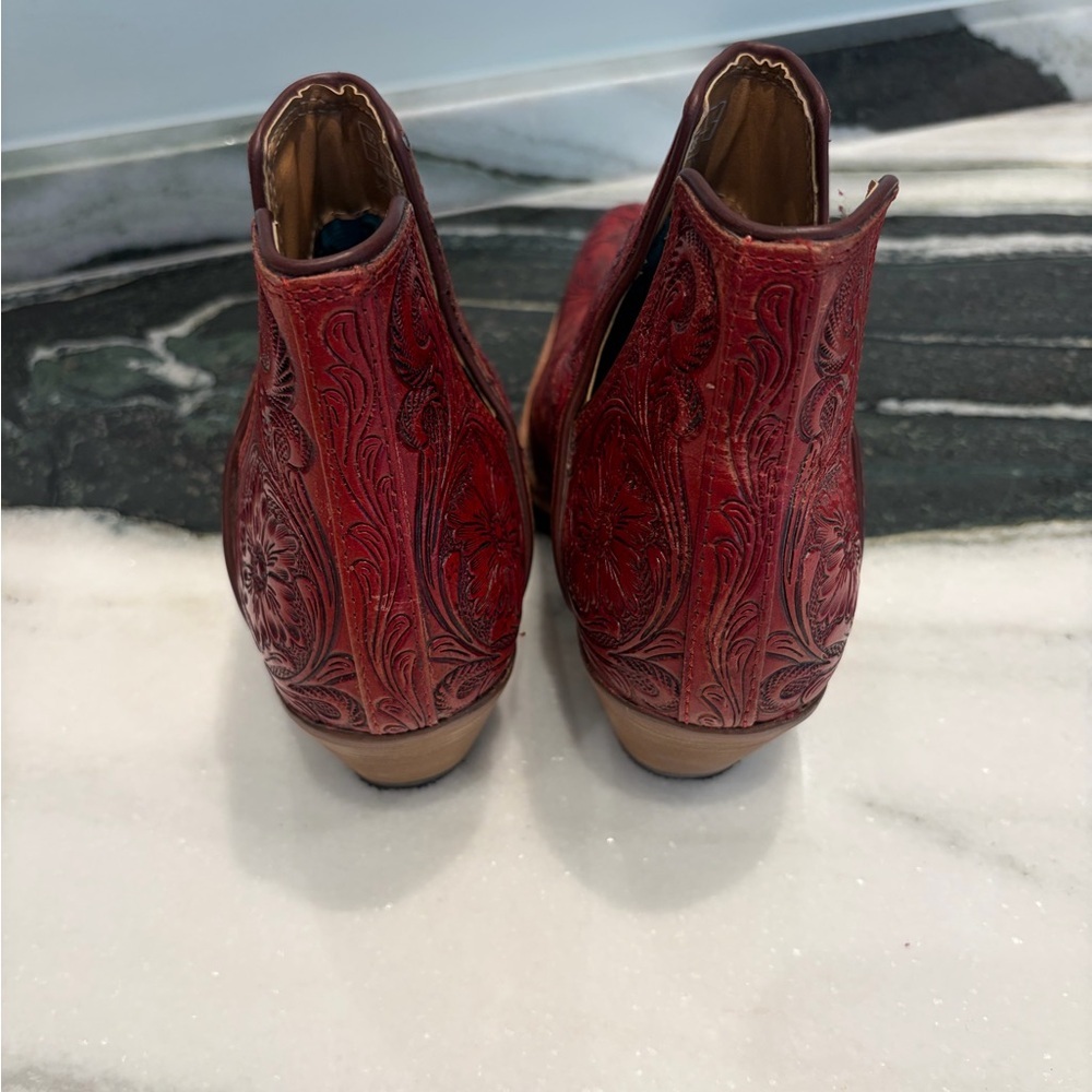 Myra Floral Embossed Leather Western Booties | Red | Size 7 - Picture 5 of 8